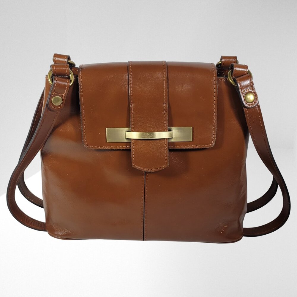 Patricia Nash Larone Flap Bag • Cognac Full‑Grain Leather • Heritage Collection